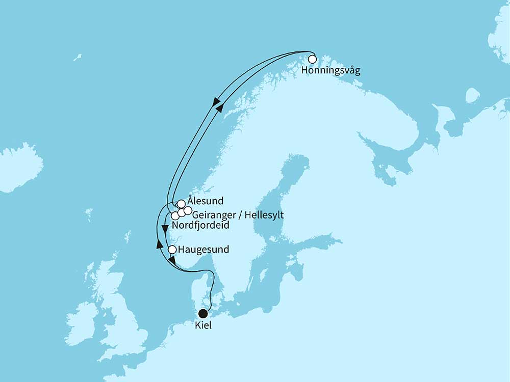 Mein Schiff 1 Angebot der Woche Norwegen mit Nordkap - Routenbild